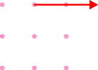 9 pink dots arranged evenly in 3 rows of 3, forming a notional square, with a red arrow extending horizontally to the right from the top centre dot for a distance beyond the right-hand column of dots equal to the distance between dots