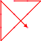 9 pink dots arranged evenly in 3 rows of 3, forming a notional square, with a red arrow extending horizontally to the right from the top centre dot for a distance beyond the right-hand column of dots equal to the distance between dots, then turning through a 135-degree right turn through the middle right and middle bottom dots, to a point immediately below the left-hand column of dots, then another 135-degree right turn to the top-left dot, then a final 135-degree right-hand turn to finish on the bottom-right dot.